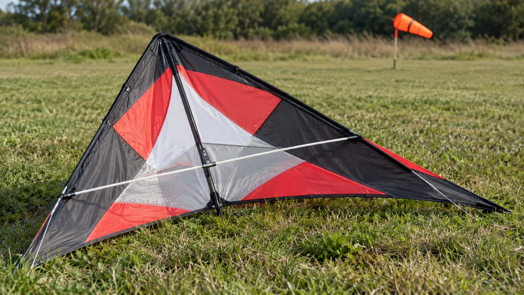 A red and black delta kite on grass with pale spars, and an orange windsock in the background