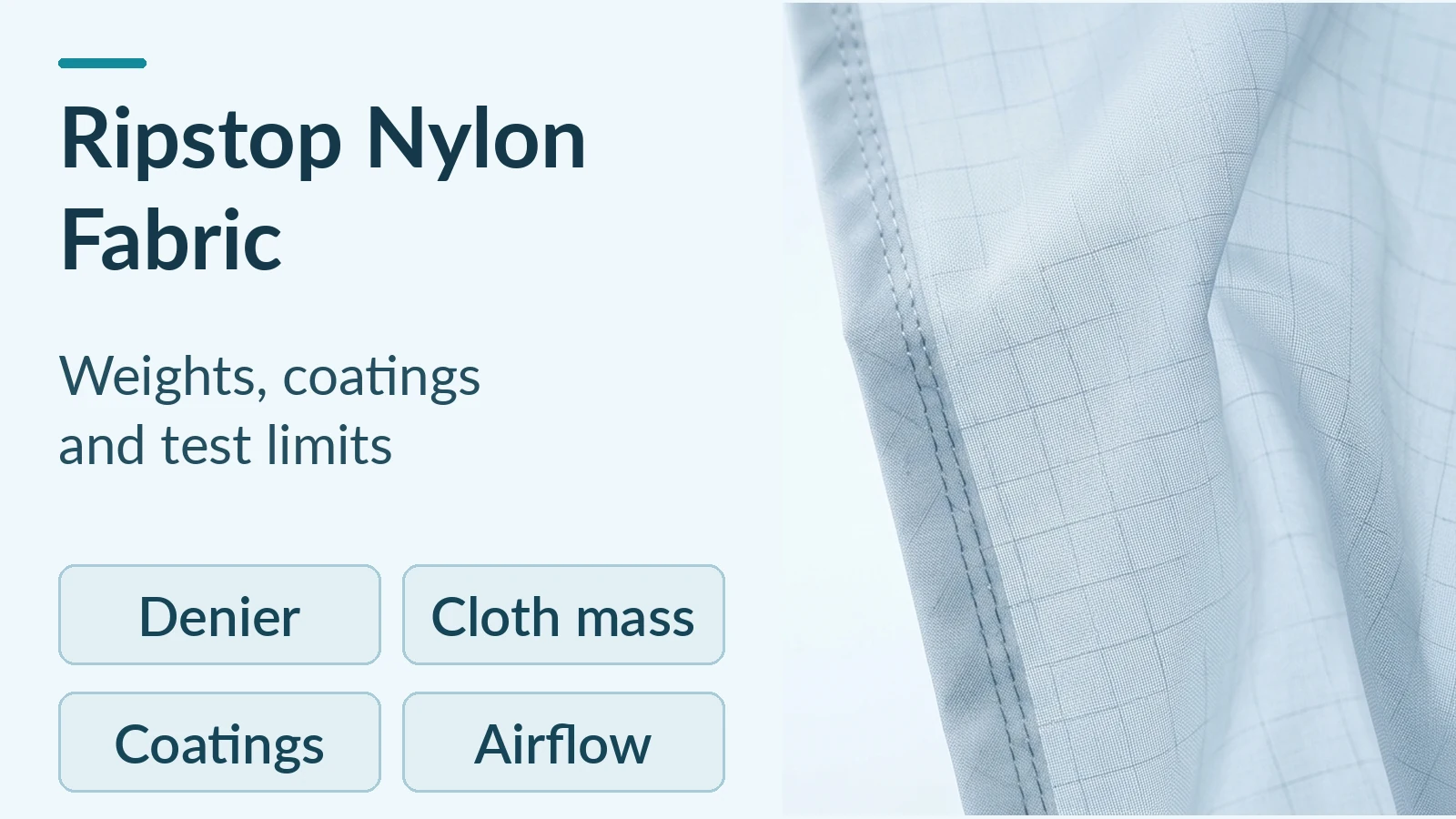 Pale blue ripstop nylon with a visible reinforcement grid and folded seam beside a fabric guide title